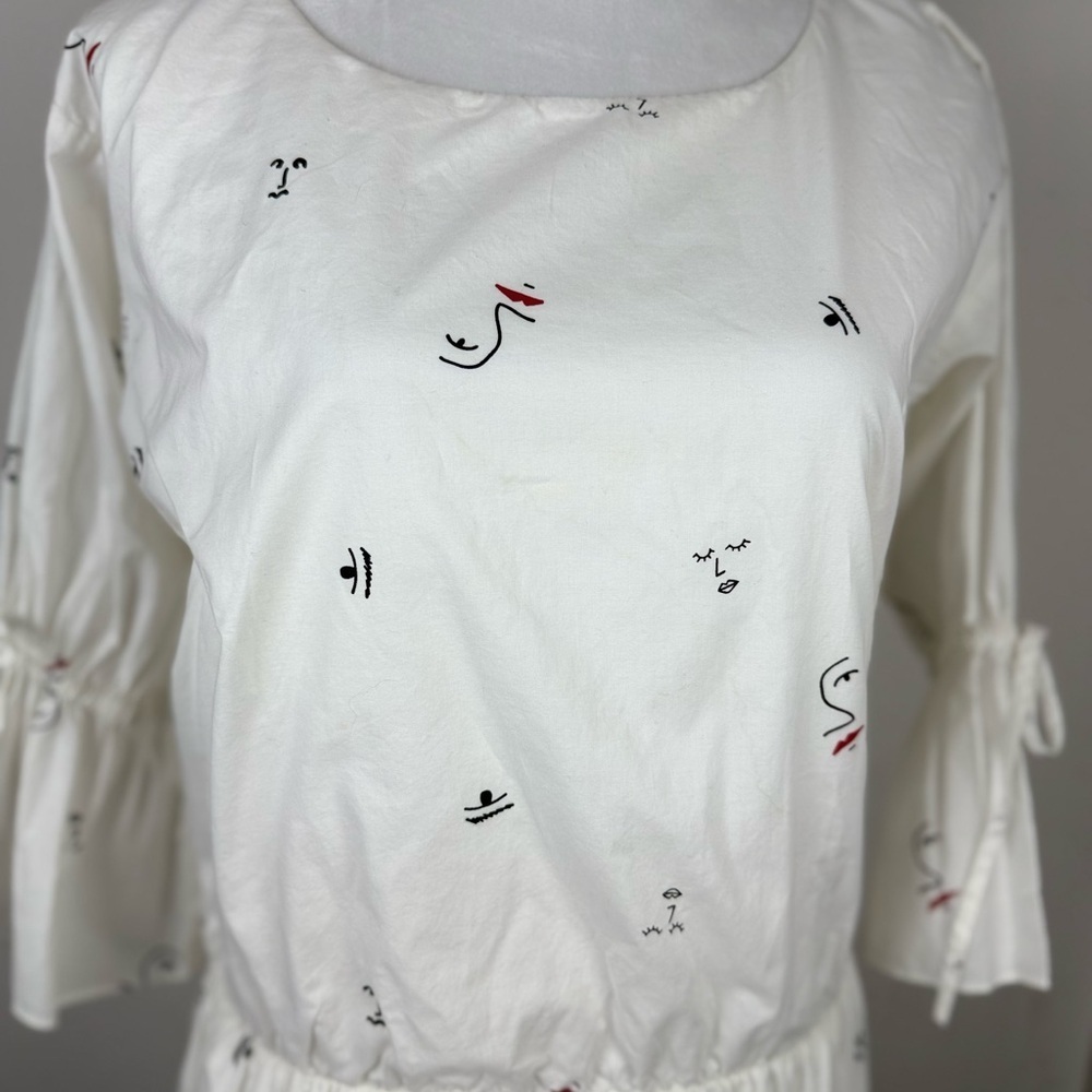 Madewell Women’s Making Faces Bright White Tiered Blouson Dress Abstracts XS - Picture 3 of 14
